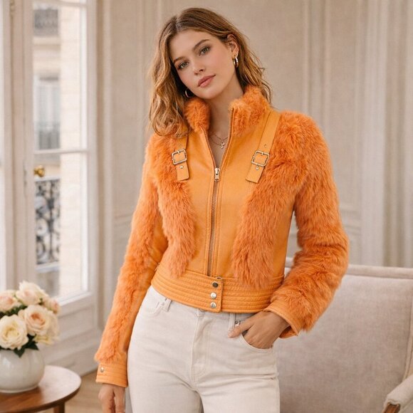 Cosmopel Dyed Fur Leather Jacket Vintage Women’s Y2K Rock 80s Punk Maximalist - Picture 2 of 13